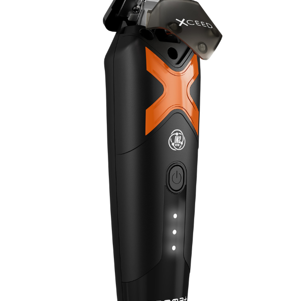 Black and orange grooming tool with brand logo on a white background