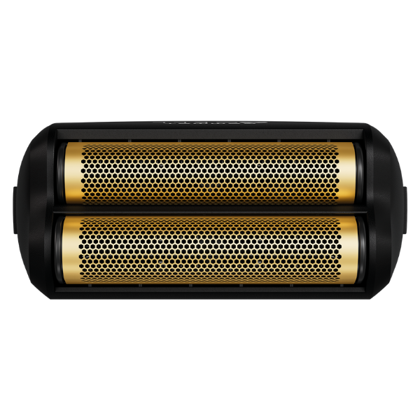 Black and gold cylindrical product on a white background
