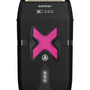 Black electric shaver with pink 'X' design on a white background