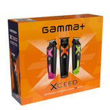 Box of Gamma+ Xceed hair trimmers with three different models on an orange background
