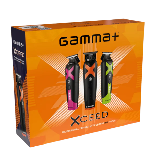 Box of Gamma+ Xceed hair trimmers with three different models on an orange background