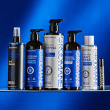 Collection of GroMane skincare and grooming products on a blue background